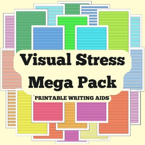 May include: A collection of printable writing aids with colourful striped lines. The text "Visual Stress Mega Pack" and "Printable Writing Aids" are visible on the image.