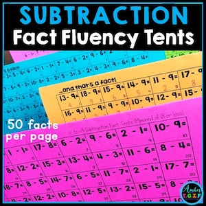 May include: A set of colorful subtraction fact fluency tents for teaching math. Each tent has 50 subtraction facts per page. The tents are labeled with the text "...and that's a fact!" and "1 to 9 Subtraction Fact Tents (Minuend of 18 or less)".