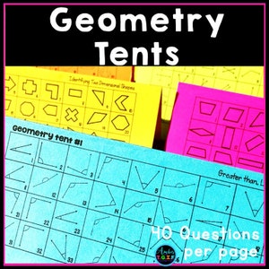 May include: A blue and white printable worksheet with the title "Geometry Tents" and the text "40 Questions per page". The worksheet features a grid of geometric shapes and angles. The worksheet is designed for students to practice identifying two-dimensional shapes.