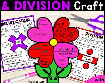 Alla hjärtans dag-mattepyssel med multiplikation och division, ordproblem med ankardiagram, utskrivbara matematikövningar för årskurs 3 eller hemundervisning