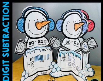 Vinter 2:a klass snögubbe matematik pyssel roligt 2-siffrig subtraktion med och utan omgruppering utskrivbar matematik