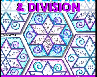 Vinterfamiljer med multiplikation och division, snökul mattepyssel för årskurs 3, utskrivbart matte snöflingepyssel