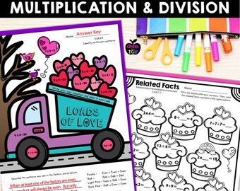 Alla hjärtans dag multiplikations- och divisionsarbetsblad Målarbilder Februari Roliga, utskrivbara matematikövningar Multiplikationshjälp för årskurs 3