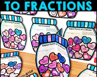 Alla hjärtans dag-pyssel Introduktion till bråk med modeller Målarpyssel, Utskrivbara matematikövningar 3:e klass, Enhet och identifiering av bråk
