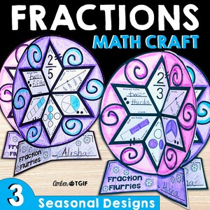 以下が含まれることがあります： 「FRACTIONS MATH CRAFT」の文字が入った、カラフルな分数ホイールを使った算数工作。各ホイールには2/5や2/3などの分数が表示され、分数を書き込んだり、影をつけたりするエリアがあります。「Fraction Flurries」と「Seasonal Designs」の文字も含まれています。