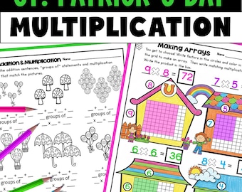 St Patricks Day-arbetsblad för nybörjare, multiplikation, fakta, övning, marsmatte, årskurs 2 eller 3, klass och hemundervisning