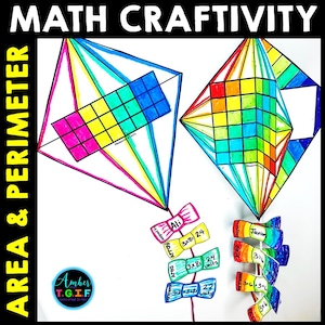 May include: A colorful educational craft project with the text "MATH CRAFTIVITY" and "AREA & PERIMETER". The image features two kite-shaped diagrams with colorful geometric shapes and calculations. Below are paper cutouts with math problems.