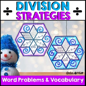 Vinterdivisionsstrategier övning, snökul mattepyssel 3:e klass, utskrivbart matte snöflingepyssel divisionshjälp utdelning divisor och kvot