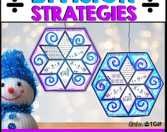 Vinterdivisionsstrategier övning, snökul mattepyssel 3:e klass, utskrivbart matte snöflingepyssel divisionshjälp utdelning divisor och kvot