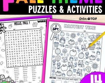 May include: A set of autumn-themed activity sheets featuring a word search titled HELLO, FALL! and an I SPY game titled HARVEST TIME. The pages include black and white line art illustrations of pumpkins, leaves, and animals, with a yellow pencil.