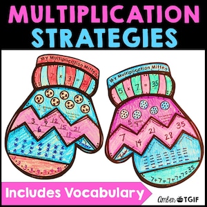 Könnte beinhalten: Zwei bunte, handschuhförmige Arbeitsblätter mit dem Text "My Multiplication Mitten" oben. Die Arbeitsblätter zeigen verschiedene Multiplikationsaufgaben und Strategien zum Lösen, darunter wiederholtes Addieren, Abzählen in Schritten und Arrays. Die Arbeitsblätter sollen Schülern helfen, Multiplikationsfakten zu lernen und zu üben.