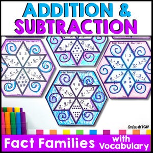May include: Three printable snowflake-shaped worksheets for teaching addition and subtraction fact families. Each worksheet features a different set of numbers and includes a title that says "Fact Family Flurries".