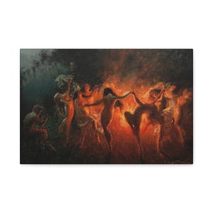 Fire dance (1889) Oil Painting by Joseph Tomanek / Nymphs Dancing Wall Art / Vintage Painting / Fantasy Art Print / Canvas Prints
