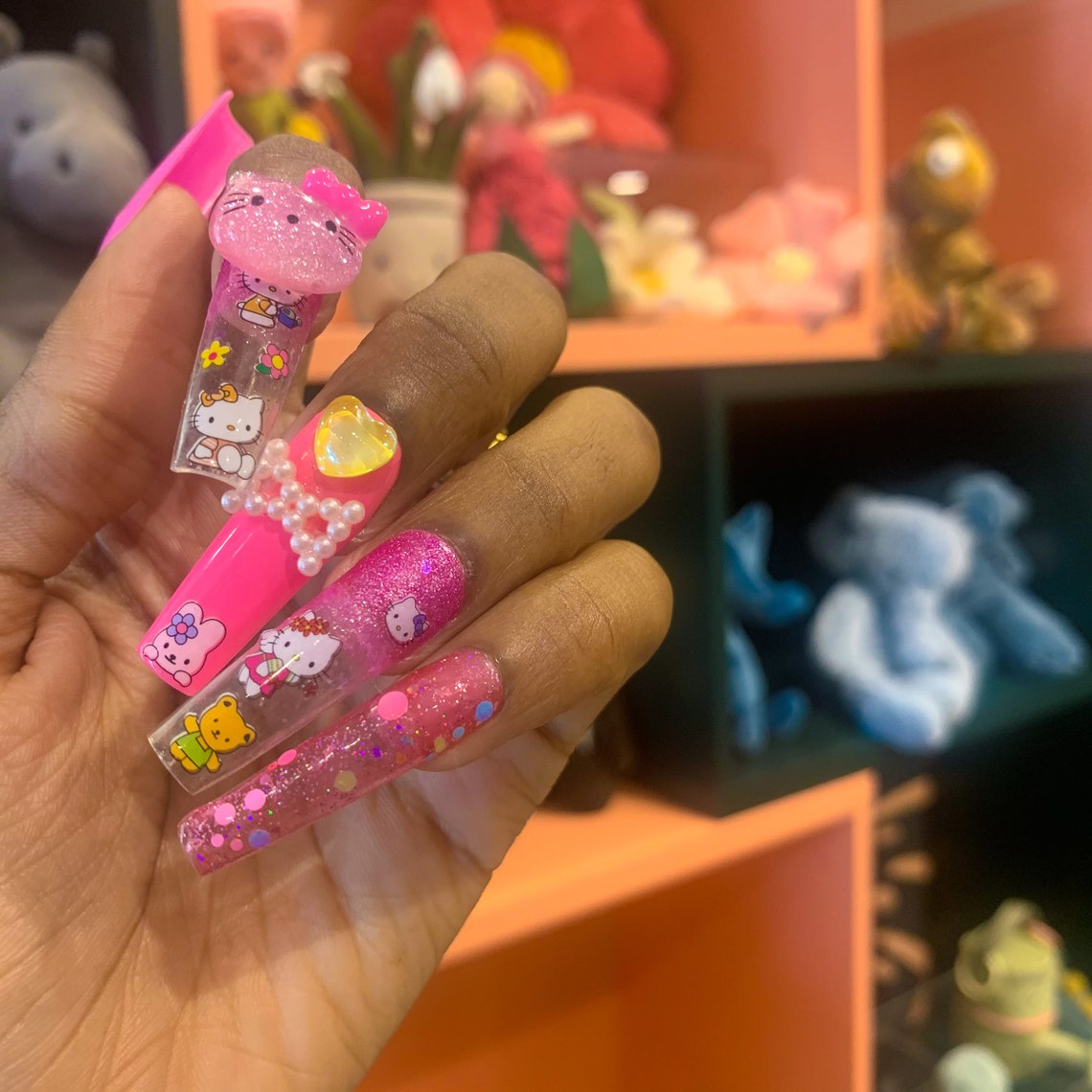 Pink Hello Kitty Press On Nails with 3D Bow and Heart Charms Etsy