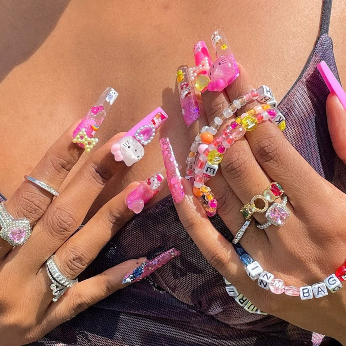 Pink Hello Kitty Press On Nails with 3D Bow and Heart Charms Etsy