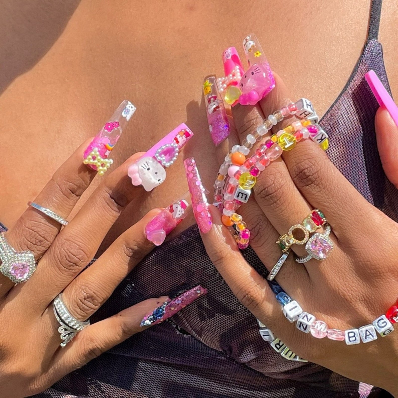 Pink Hello Kitty Press On Nails with 3D Bow and Heart Charms Etsy