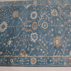 Blue Oushak Style Rug: Hand-Knotted Wool & Cotton