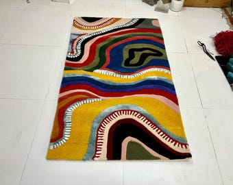 May include: A rectangular, colorful rug with an abstract design. The rug features a vibrant mix of colors, including yellow, red, blue, green, and black, arranged in wavy, layered patterns. White, curved lines add detail to the design. The rug is made of a soft, textured material.