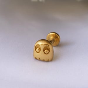 14K Solid Gold Ghost Piercing – Cute Tiny Tragus Stud, Flat Back Cartilage Earring, Kawaii Gold Jewelry, Single Stud