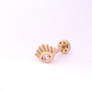14k Solid Gold Diamond Evil Eye Push in Flat Piercing, Diamond Piercing voor vrouwen, Minimalistische Eye Stud Piercing, Tiny Gold Evil eye Piercing