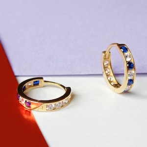 14k Gold Double-sided Hoop Earrings, Solid Gold Cz Hoop Earrings, Gold Blue Zircon Earrings, 14k Gold Earrings, 14k Huggie Earrings
