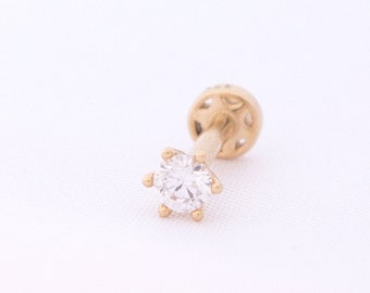 14K massivt guld runt solitaire CZ gänglös platt baksida örhänge, 18G tragus örhänge