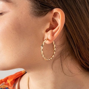 14K Gold Bamboo Earrings, 40mm Bamboo Earrings, Rose Gold Bamboo Earrings, Large Hoop Earrings Curved Style