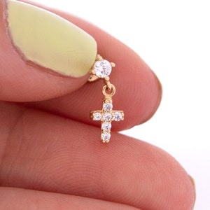 14K Gold Cross Stud Piercing – Tragus, Helix, Cartilage Handmade