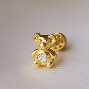 14K Solid Gold Teddy Bear Piercing – Flat Back Screw Stud, Cute Animal Tragus or Helix Earring, Single Gold Piercing