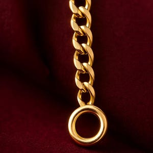 Op de afbeelding: Een close-up van een goudkleurige ketting met een grote cirkelvormige sluiting. De schakels van de ketting zijn dik en afgerond, en de sluiting is een eenvoudige, gladde cirkel. De ketting staat tegen een dieprode achtergrond.