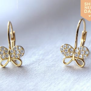 14K Gold Butterfly Leverback Earrings – Handmade Real Gold, Certified, Gift for Her