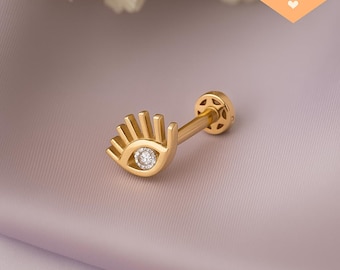 14k Gold Diamond Evil Eye Piercing: Minimalist Stud Earring