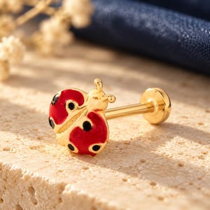 Könnte beinhalten: Ein goldfarbener Ohrstecker mit flacher Rückseite und einem Marienkäfer-Motiv, das rote Emaille-Flügel mit schwarzen Punkten aufweist. Das Schmuckstück besitzt einen geraden Stift und einen runden Verschluss in glänzender Optik.