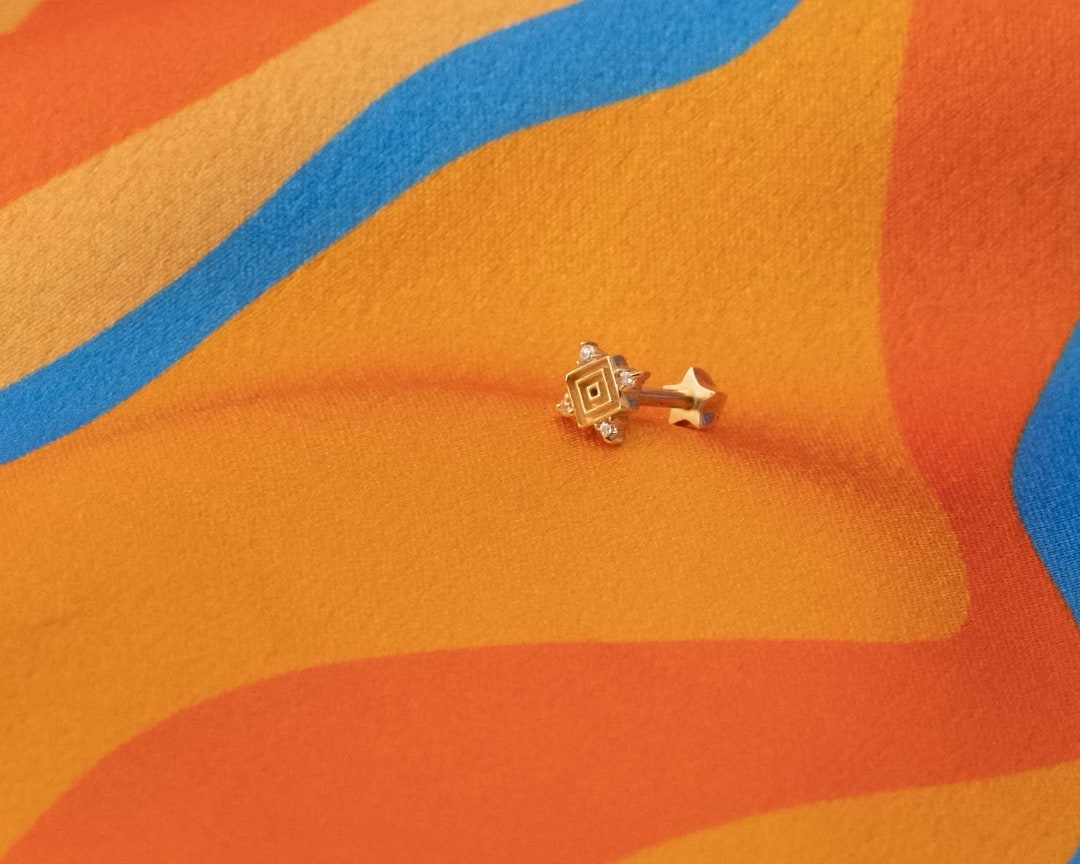 14K Solid Gold Square Piercing Stud Piercing Stud Ear Etsy