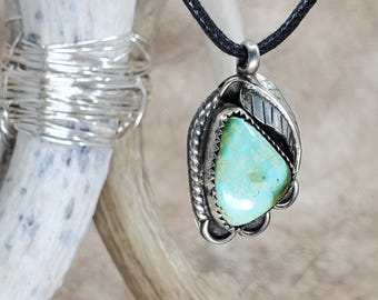 Vintage  Royston Turquoise & Sterling Silver Leaf Pendant. 6.4g.