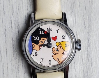 Late 60's Walt Disney Snow White and Dopey Wristwatch works perfect band Made in England