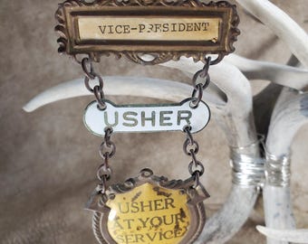 Vintage 3 Piece Church Usher Badge with Title Membership and Shield with Greeting.