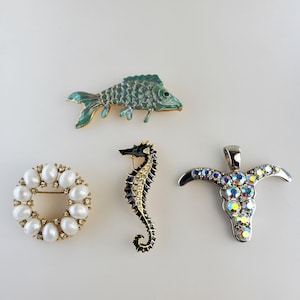 Vintage Brooch Pins sold Separately. Cloisonné Seahorse, Cloisonné Koi, 1950&#39;s Trifari Pearl & Rhinestone, Texas Longhorn Bling Pendant.