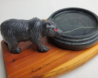 Vintage Bear Houston Texas Souvenir Marble & Wood Trinket Tray
