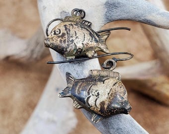 Vintage Sterling Silver Mexican Fish Dangle Earrings with heavy patina! Gorgeous
