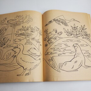 Op de afbeelding: Een zwart-witte kleurplaat met illustraties van vogels, een zeehond en bloemen. De vogels omvatten een reiger, een gans en een zwaan. De zeehond ligt op zijn buik met zijn flippers uitgespreid. De bloemen zijn eenvoudig en gestileerd.
