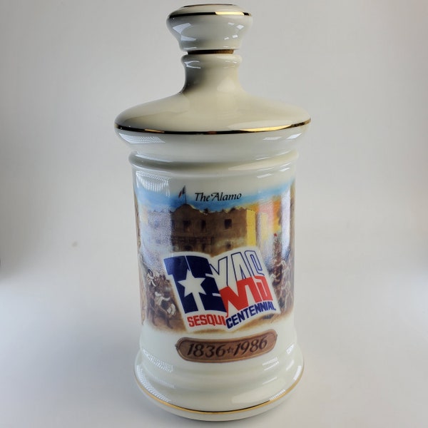 Vintage EMPTY 1986 Porcelain Texas Sesquicentennial Decanter. Davey Crockett. Alamo. Jim Bowie. William Travis. Lone Star.