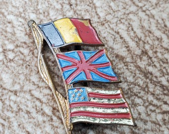 Vintage WW2 Allied Forces Supporter Lapel Pin with Belgium,  Britain, and United States Flags. Read description for damage.