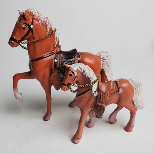 1950s Cast Pot Metal Palomino Mare and Foal Set with chain reins Prancing Horse made in Japan