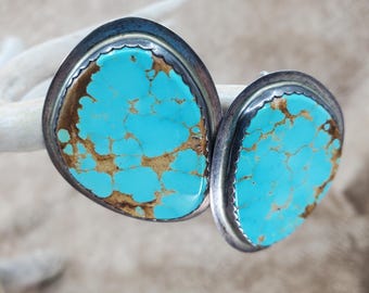 Signed Vintage Ca'Win  Jimmy Calabaza Kingman Turquoise & Sterling Silver Earrings. 22.3g. Pierced. Santo Domingo Puebloan Artist.