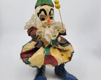 Vintage Mexican Paper Mache Clown Figure with Hat, Lace, and Ballons.