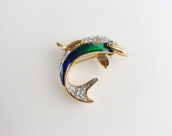 Vintage A&S Attwood and Sawyer Cloisonne Dolphin Brooch Pin with rhinestones. signed.