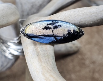 Vintage Hjortdahl Guilloche Enamel & Sterling Silver Brooch with Sunset over Lake. Norwegian with Hallmarks.