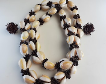 Vintage Cowrie Shell & Koa Seed long Necklace with Matching Earrings.