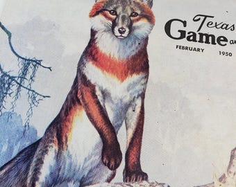 Portada de la revista Texas Game & Fish Magazine de los años 50. Serpiente de cascabel. Castor. Lagarto. Caballa española. Perca americana. Lubina. Marlín.